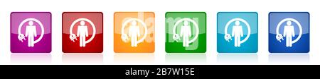 Android Charging Wire Icon Set, humanoid Roboter bunt eckige Hochglanzvektor-Illustrationen in 6 Optionen für Web-Design und mobile Anwendungen Stock Vektor