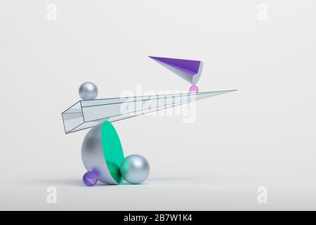 Abstraktes 3D-Rendering von geometrischen Formen. Surreale Zusammensetzung. Balance-Konzept. Modernes Hintergrunddesign. Stockfoto