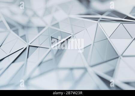 Abstraktes 3D-Rendering von triangulierter Oberfläche. Zeitgenössischer Hintergrund. Futuristische Polygonalform. Verformte, niedrige Poly-Kulisse mit scharfen Linien. Stockfoto