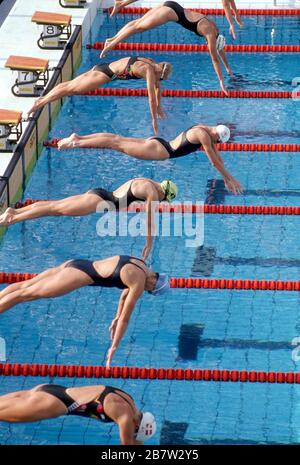 Barcelona, Spanien, 1992: Schwimmer, die zu Beginn der Frauenveranstaltung während der Olympischen Sommerspiele in den Pool tauchen. ©Bob Daemmrich Stockfoto