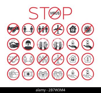 Ein großer Satz an Maßnahmen und Symbolen zur Virenvermeidung. Beenden Sie Coronavirus. Satz Silhouette- und Gliederungssymbole. Pandemic Medical Concept. Vektorgrafiken. Stock Vektor