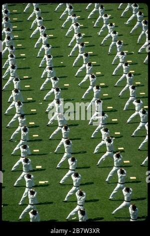 Seoul, Korea, 1988: Hunderte von Teilnehmern in traditionellen weißen Uniformen führen während der Eröffnungszeremonie der Olympischen Sommerspiele eine Tae Kwan Do-Demonstration durch. ©Bob Daemmrich Stockfoto