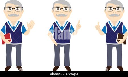 Satz eines lächelnden alten Mannes in drei verschiedenen Posen: Mit Buch winken, Hand in die Tasche mit Index nach oben legen und Buch und Daumen nach oben halten. Stock Vektor