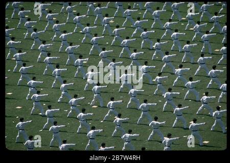 Seoul, Korea, 1988: Hunderte von Teilnehmern in traditionellen weißen Uniformen führen während der Eröffnungszeremonie der Olympischen Sommerspiele eine Tae Kwan Do-Demonstration durch. ©Bob Daemmrich Stockfoto