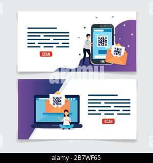 Poster mit Code qr und Symbolen festlegen Stock Vektor