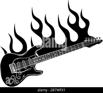 E-Gitarre auf Brand in voller Farbe und schwarze Flammen Vector Illustration Stock Vektor