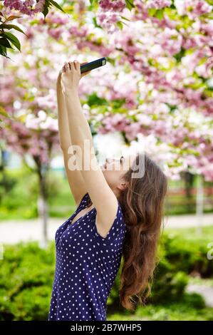 Reisender mit blühenden Kirschblüten Sakura-Baumblumen. Glücklich, Frau mit ihren Smartphone-Kirschblüten fotografieren zu können Stockfoto