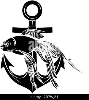 Ein Draw Anchor und Fischvektor illustrarion Stock Vektor