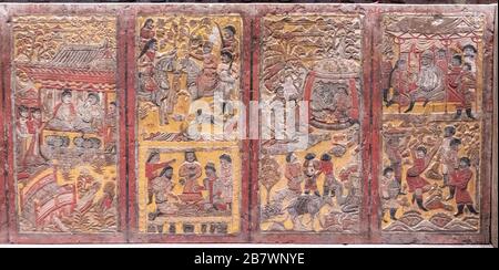 Detail der bemalten vergoldeten Stein Couch mit dreiseitigen Bildschirm, Nördliche Zhou-Dynastie, Shaanxi History Museum, Xian, China Stockfoto