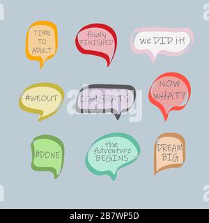 Fotoabende für Abschlussfeiern. PhotoBooth Vektorsatz. Kongrats Grad-Phrase. Gold und Schwarz blasen mit lustigen Zitaten. Konzept für selfie. - Vecto Stock Vektor