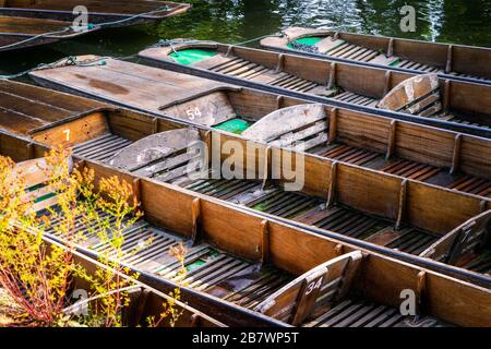 Eine Gruppe nicht verwendeter Stanzboote neben dem Flussufer in Oxford, Großbritannien Stockfoto