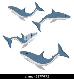 Satz blauer Haie isoliert auf weißem Hintergrund Stock Vektor