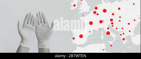 Coronavirus oder Kovid19-Pandemie. Horizontales Panorama-Webbanner mit Arzthandschuhen in Latex-Gummihandschuhen und Weltkarte mit Virus-Infektionszeichen Stockfoto