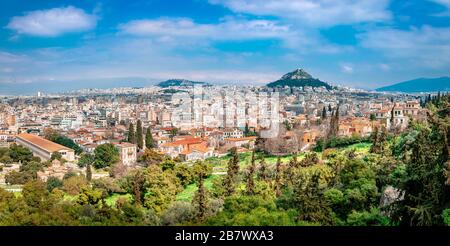 Panorama von Athen, Griechenland, vom Areopagus-Hügel. Stockfoto