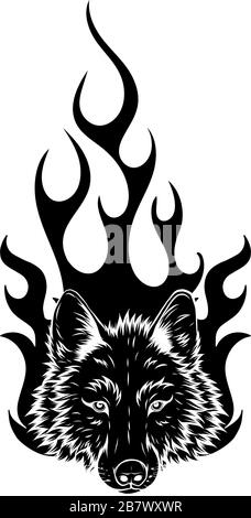 Illustration des Wolfes, der zum Tattoo-Design in Brand geraten ist Stock Vektor