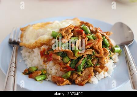 Kao-Pad-Kra-Prao (thailändisches Wort), würzige Speisen, Chiligerichte oder thailändischer Reis mit Schweinefleisch und Basilikum, thailändische Straßennahrung Stockfoto