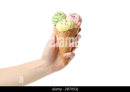 Weibliche Hand hält Eis, isoliert auf weißem Hintergrund Stockfoto