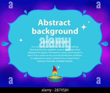 Abstrakter Hintergrund in flachem Stil mit asiatischen ornamentartigen Elementen auf blauem Hintergrund. Brennende Kerze und Platz für Ihren Text. Vektorgrafiken Stock Vektor
