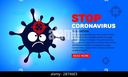 Web-Banner stoppen Coronavirus, Virenschutz. Cartoon-Symbol für Virus, Mikrobe, Bakteriensymbol und Zielziel auf blauem Hintergrund. Vektor Stock Vektor