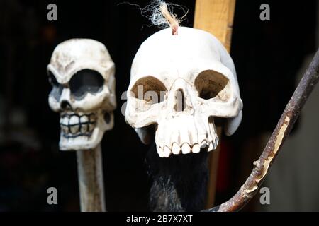 Perfekt imitierter Schädel, der an einem bewölkten Tag auf einem mittelalterlichen Festival in Deutschland fotografiert wurde Stockfoto