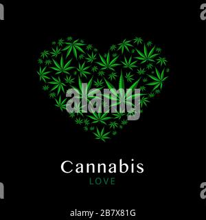 Herzsymbol aus grünen Blättern Marihuana auf schwarzem Hintergrund. Vektorgrafiken Stock Vektor