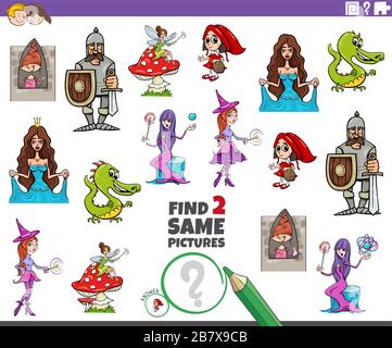 Cartoon Illustration des Findens von zwei gleichen Bildern Bildspiel für Kinder mit Comic Fantasy-Figuren Stock Vektor