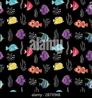 Nahtloses Muster mit tropischen Fischen auf schwarzem Hintergrund, ornamentalen Grafikfischen, Blumenmuster. Vector. Konzept für Restaurant-Menükarte. Stock Vektor