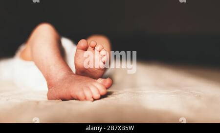Baby Fuß in der Mutter. Winzige des neugeborenen Babys Füße auf weibliche geformten Hände Nahaufnahme. Mutter und ihr Kind. Happy Family Konzept. Schöne konzeptionelle Bild von Mutterschaft Stockfoto