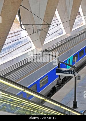 TGV-Bahn im Bahnhof des Flughafens Lyon Saint-Exupery, Auvergne-Bahn-Alpen, Frankreich Stockfoto