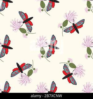 6-punkt-burnett Schmetterling nahtloser Vektor-Muster Hintergrund. Tag Flying Moth auf rosa Knapweed Hintergrund. Schottisches Insektendesign an der Küste. Alles in allem Stock Vektor
