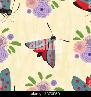 6-punkt-burnett Schmetterling nahtloser Vektor-Muster Hintergrund. Abbildung: Nachtfalter mit Blumenstrauß aus schändeliger Blüte. Schottisches Insekt Stock Vektor