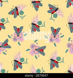 6-punkt-burnett Schmetterling nahtloser Vektor-Muster Hintergrund. Tag Flying Moth auf rosa Gold Knapweed Hintergrund. Schottisches Küsteninsekt. Alles im Druck Stock Vektor