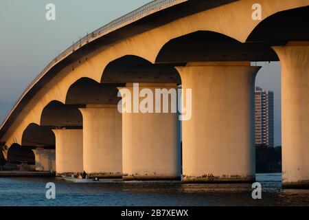 Sonnenaufgang über dem John Ringling Causeway in Sarasota, Florida, USA. Stockfoto