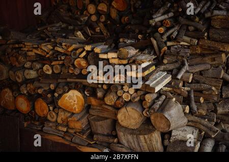 Brennholz in der Scheune. Verschiedene Holzarten, die für den Winter geerntet wurden Stockfoto