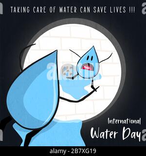 Internationaler Wasser-Tag-Unterricht Illustration von Happy Liquid Drop Charakteren mit Save Life Textzitat für die Natur helfen Weltkampffeignis. Stock Vektor