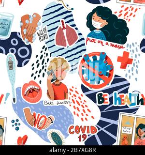 Nahtloses Muster mit Erinnerungsaufklebern zur Vorbeugung von Coronavirus. Vektor. Stock Vektor