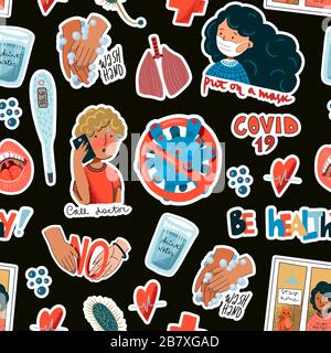 Nahtloses Muster mit Erinnerungsaufklebern zur Vorbeugung von Coronavirus. Vektor. Stock Vektor