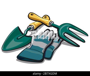 Abbildung der Gartenwerkzeuge und Handschuhe Stock Vektor
