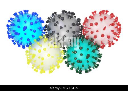 Symbolische 3D-Darstellung des Coronavirus sars-COV-2 und der olympischen Ringe Stockfoto