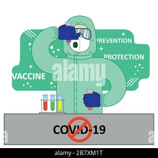 Coronavirus Impfstoffkonzept, Kovid-19, 2019-ncov. Ein Mann in Schutzkleidung, Brille, Maske, Atemschutzmaske hält Reagenzgläser in seinen Händen; Impfstoff, Stock Vektor