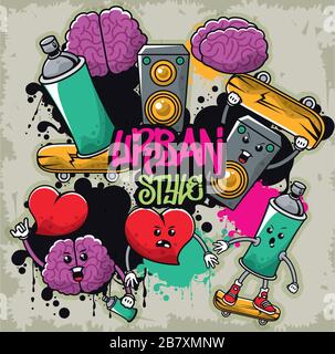 Plakat im Stadtstil von Graffiti mit festgelegten Symbolen Stock Vektor