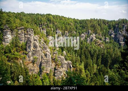 Die Wehlsteinansicht in Lohmen im Elbsandsteingebirge, Sächsischen Schweiz Stockfoto