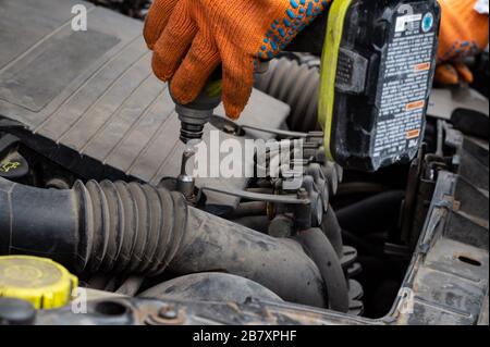 Der Kfz-Mechaniker in Schutzhandschuhen entdreht mit einem Schraubendreher eine Mutter an einem Automotor Stockfoto