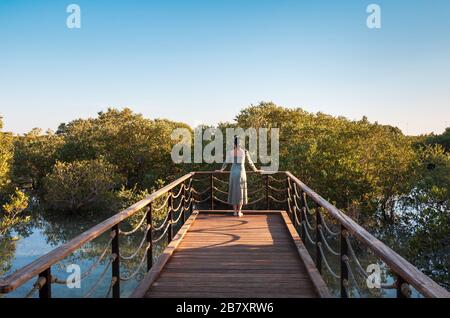 Weiblicher Tourist, der den Mangrove Walk Seaside Park in Abu Dhabi, VAE besucht Stockfoto