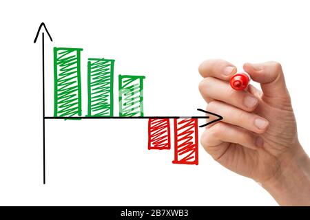 Finanzkrisenkonzept. Männliche Hand auf einem Whiteboard ein abweichendes Diagramm zeichnen. Stockfoto