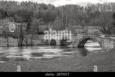 Eine alte Steinbrücke überspannt einen Fluss bei Kirkham Priory in Yorkshire. Ein Wald liegt auf dem Hügel jenseits und ein bewölkter Himmel ist über. Stockfoto