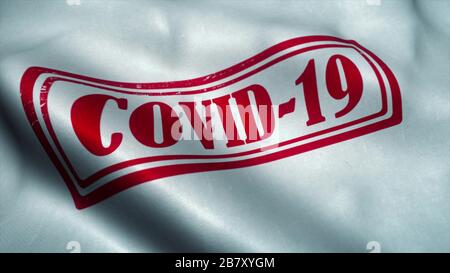 Covid-19 Stempelfahne winkt im Wind. Konzept des Coronavirus Outbreak. Zeichen von Coronavirus. 3D-Abbildung Stockfoto