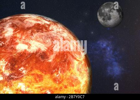 High Detailed Fiction Roter Oberflächenplanet mit Atmosphäre in der Nähe von Mondschaufel. Erdplanet Eraly mit Mond. Elemente dieses Bildes, das von der NASA eingerichtet wurde. Stockfoto