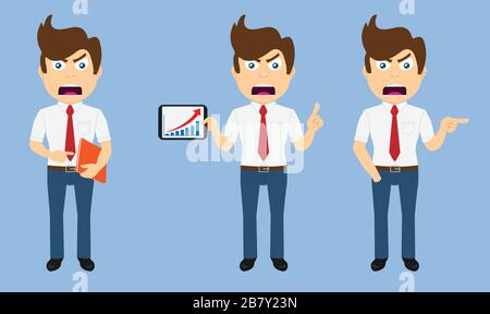 Satz des gleichen, sehr verärgerten Geschäftsmannes in drei verschiedenen Posen: Zeigen auf seinen Ordner, zeigen eines Diagramms auf einem Tablet und zeigen mit einer Hand i Stock Vektor