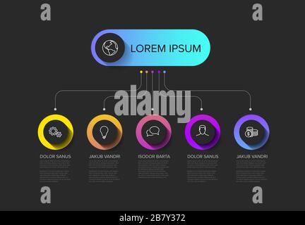 Infografievorlage Vector Mehrzweckzuführung mit Titel- und fünf Elementoptionen und modernen Farben auf dunklem Hintergrund Stock Vektor
